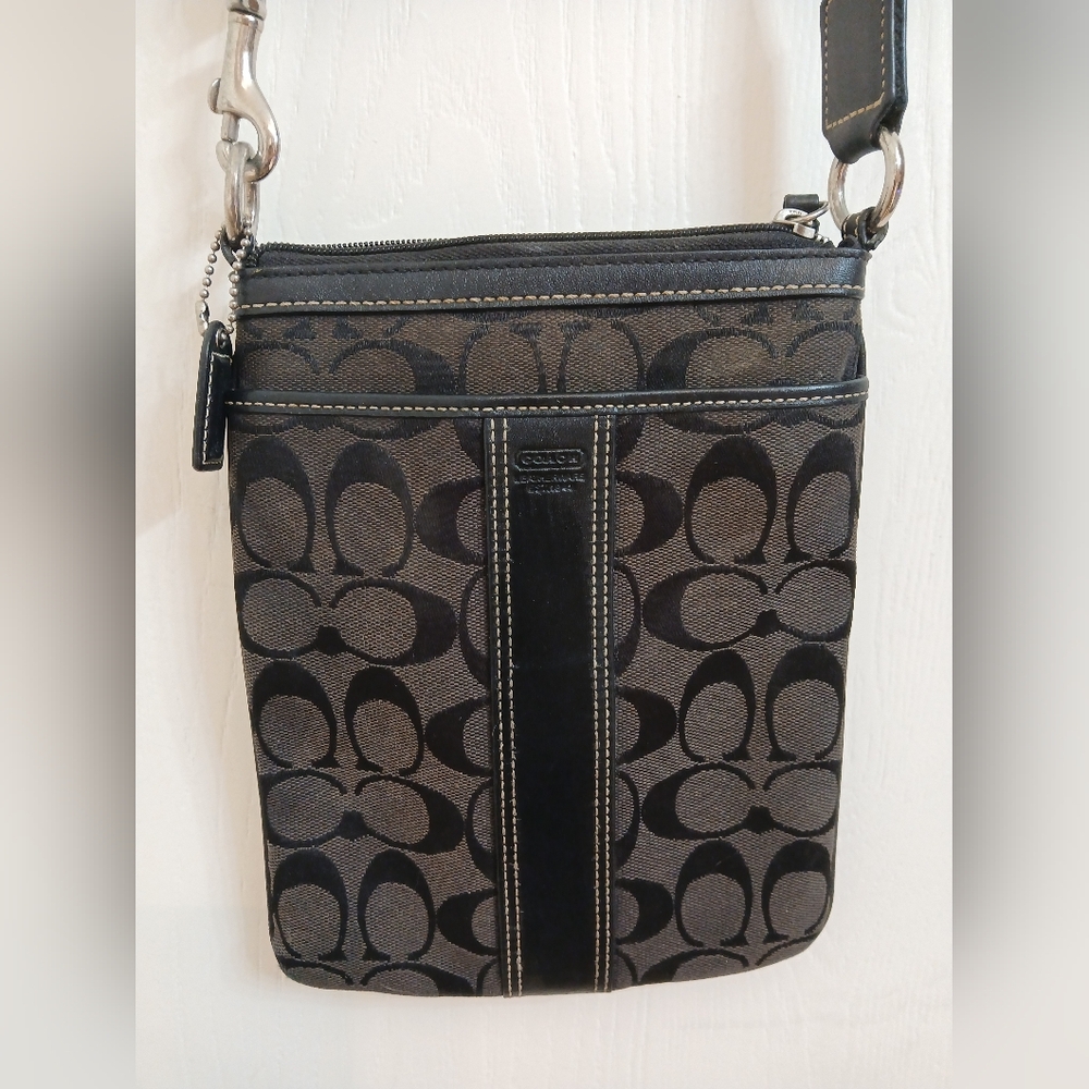 Coach Vintage Black Leather and Signature Jacquard Crossbody Bag.